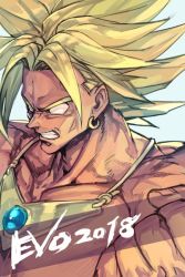 Rule 34 | 1boy, blank eyes, blonde hair, broly (dragon ball z), clenched hand, clenched teeth, dragon ball, dragonball z, earrings, fingernails, gorget, hungry clicker, jewelry, male focus, muscular, topless male, solo, teeth, upper body