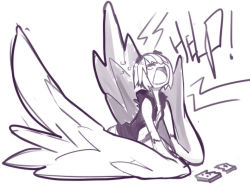 Rule 34 | 1girl, broken, controller, crying, feathered wings, game controller, gamepad, goggles, goggles on head, harpy, monochrome, monster girl, open clothes, original, sho-n-d, short hair, solo, tears, unzipped, winged arms, wings
