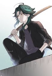 Rule 34 | 1boy, ar (rikuesuto), black hair, closed mouth, diamond-shaped pupils, diamond (shape), frown, genshin impact, green hair, holding, jacket, male focus, multicolored hair, parted bangs, shirt, short hair, simple background, sword, symbol-shaped pupils, t-shirt, twitter username, weapon, xiao (genshin impact), yellow eyes