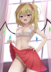 Rule 34 | 1girl, :d, absurdres, armpits, backlighting, blonde hair, bloom, blush, bow, bow bra, bra, breasts, clothes lift, collarbone, commentary request, cowboy shot, crystal, fang, flandre scarlet, hair between eyes, hair bow, hand on own hip, hand up, happy, highres, indoors, lifted by self, light blush, looking at viewer, looking down, medium hair, midriff, miniskirt, navel, no headwear, no shirt, one side up, open mouth, panties, pleated skirt, red bow, red eyes, red skirt, skirt, skirt lift, slit pupils, small breasts, smile, solo, stomach, szl, touhou, tsurime, underwear, variant set, white bra, white panties, window, wings