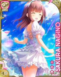 Rule 34 | 1girl, bow, breasts, brown eyes, brown hair, card (medium), closed eyes, day, dress, field, flower, flower field, girlfriend (kari), headband, large breasts, medium hair, nagino sakura, official art, open mouth, outdoors, qp:flapper, shoes, smile, socks, solo, standing, tagme, white dress, white headband