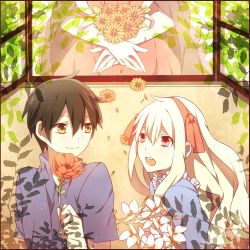 Rule 34 | 1boy, 1girl, apron, black hair, blue dress, collared shirt, dress, falling petals, flower, foliage, frilled apron, frills, garden, gradient eyes, grey shirt, hair behind ear, hair between eyes, hair ornament, hair ribbon, hairband, hetero, holding, holding flower, kagerou project, kozakura marry, leaf, long hair, looking at another, mekakucity actors, multicolored eyes, open mouth, own hands together, parted bangs, petals, pink dress, pink eyes, pink hairband, pink ribbon, red eyes, red flower, ribbon, seto kousuke, shirt, short hair, short sleeves, smile, smilepanda (lapin), souzou forest (vocaloid), teeth, too many flowers, upper body, upper teeth only, vocaloid, white apron, white flower, white hair, window, yellow eyes, yellow flower