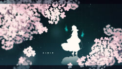 Rule 34 | 1girl, agent no.9, cherry blossoms, copyright name, full body, highres, hitodama, letterboxed, perfect cherry blossom, reflection, reflective floor, saigyouji yuyuko, silhouette, solo, touhou, wallpaper