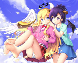 Rule 34 | 10s, 2girls, ahoge, angel, angel and devil, angel wings, barefoot, black halo, blonde hair, blouse, blue dress, blue eyes, blush, bow, bowtie, cheek poking, closed mouth, cloud, collarbone, dark halo, day, demon girl, demon horns, demon wings, dress, drogoth, feet, gabriel dropout, gabriel tenma white, glint, hair between eyes, hair ornament, hairclip, halo, hand on another&#039;s shoulder, head tilt, highres, holding, hood, hooded jacket, horn (instrument), horns, instrument, jacket, long sleeves, looking at another, multiple girls, panties, pantyshot, pink jacket, pleated skirt, poking, purple eyes, purple hair, red bow, red bowtie, red skirt, school uniform, shirt, sitting, skirt, sky, soles, toes, underwear, vignette tsukinose april, white panties, white shirt, wings, x hair ornament, zipper
