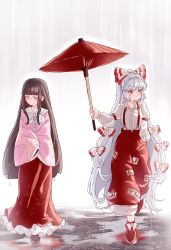 Rule 34 | 2girls, black hair, blunt bangs, bow, closed eyes, commentary request, fujiwara no mokou, hair bow, hand in pocket, highres, hime cut, holding, holding umbrella, houraisan kaguya, japanese clothes, kimono, long hair, long sleeves, multiple girls, oil-paper umbrella, outdoors, pants, pink kimono, puffy long sleeves, puffy sleeves, rain, red eyes, red footwear, red pants, satomachi, shirt, shoes, sidelocks, silver hair, standing, suspenders, touhou, tsundere, umbrella, very long hair, walking, white bow, white shirt