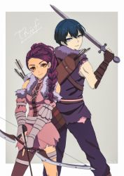 Rule 34 | 1boy, 1girl, alternate costume, armor, arrow (projectile), bare shoulders, blue eyes, blue hair, bow, bow (weapon), byleth (fire emblem), byleth (male) (fire emblem), eyeliner, eyeshadow, facial mark, fingerless gloves, fire emblem, fire emblem: three houses, from behind, gloves, greaves, highres, holding, holding bow (ornament), holding sword, holding weapon, jewelry, looking back, makeup, nintendo, omu pom, petra macneary, ponytail, purple hair, quiver, smile, standing, sword, tattoo, torn clothes, weapon