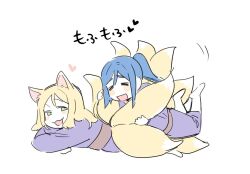 Rule 34 | 2girls, animal ears, blonde hair, blue hair, closed eyes, commentary request, fox ears, fox girl, fox tail, green eyes, heart, japanese clothes, kemonomimi mode, kimono, kitsune, korean commentary, kyuubi, long hair, looking at another, love live!, love live! sunshine!!, lying, lying on person, matsuura kanan, multiple girls, multiple tails, obi, ohara mari, on ground, on stomach, open mouth, pito (sh02327), ponytail, purple kimono, sash, simple background, tail, translation request, white background