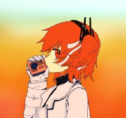 Rule 34 | 1girl, a.i. voice, adachi rei, aromemi, black shirt, blank stare, cassette player, closed mouth, empty eyes, expressionless, floating hair, from side, gloves, gradient background, hair ribbon, hand up, holding, jacket, netsu ijou (utau), one side up, orange background, orange eyes, orange hair, radio antenna, ribbon, shirt, short hair, solo, turtleneck, turtleneck shirt, upper body, utau, white gloves, white jacket, white ribbon