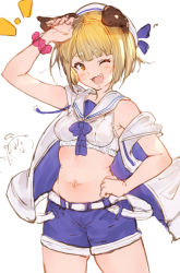 Rule 34 | 1girl, :3, animal ears, blonde hair, dog ears, dog girl, dog tail, erune, fang, granblue fantasy, hand on own hip, hat, niii, off shoulder, official alternate costume, one eye closed, open mouth, sailor collar, sailor hat, scrunchie, solo, swimsuit, tail, vajra (granblue fantasy), vajra (summer) (granblue fantasy), yellow eyes