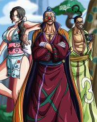 Rule 34 | 1girl, 2boys, alvida (one piece), bbdbg03, black hair, blue hair, breasts, buggy the clown, cleavage, closed mouth, clown nose, crossed arms, cup, earrings, facial hair, facial mark, floating hair, galdino, glasses, gloves, grin, high ponytail, highres, holding, holding cup, huge breasts, japanese clothes, jewelry, large breasts, lipstick, long hair, low ponytail, makeup, multiple boys, one piece, outdoors, ponytail, red nose, signature, smile, teeth, traditional clothes, tree, white gloves