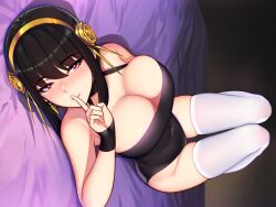 Rule 34 | 1girl, bed sheet, black hair, black one-piece swimsuit, blush, breasts, cleavage, closed mouth, covered navel, earrings, eyelashes, finger to mouth, flower, full body, gold earrings, gold hairband, hair flower, hair ornament, hairband, highres, ikkimay, index finger raised, jewelry, large breasts, lips, looking at viewer, lying, on back, one-piece swimsuit, red eyes, rose, shushing, skindentation, smile, solo, spikes, spy x family, swimsuit, thighhighs, white thighhighs, yor briar