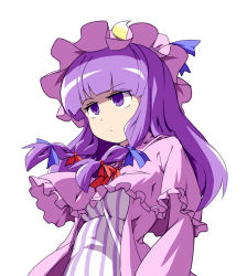 Rule 34 | 1girl, bow, capelet, crescent, dress, expressionless, female focus, hair bow, hasepix, hat, hat bow, jitome, long hair, mutsu (hasepix), patchouli knowledge, purple eyes, purple hair, sidelocks, simple background, solo, touhou, upper body, white background