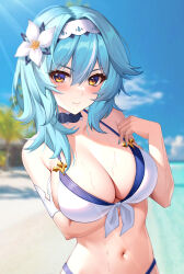 Rule 34 | 1girl, absurdres, aira5, bare shoulders, bikini, blue choker, blue hair, blue sky, breasts, choker, cleavage, commentary request, day, eula (genshin impact), flower, genshin impact, hair flower, hair ornament, hairband, highres, large breasts, long hair, looking at viewer, navel, outdoors, sky, solo, stomach, swimsuit, upper body, white bikini, white flower, white hairband, yellow eyes