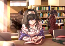 Rule 34 | 1boy, 2girls, book, breasts, chair, cleavage, commentary request, highres, idolmaster, idolmaster cinderella girls, jewelry, large breasts, library, light rays, looking at viewer, multiple girls, necklace, off-shoulder, off-shoulder sweater, off shoulder, open book, ribbed sweater, sagisawa fumika, shashaki, shawl, sitting, standing, sunbeam, sunlight, sweater, table