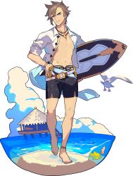 Rule 34 | 1boy, anchor symbol, ankleband, artist request, barefoot, beach, belt, bird, black male swimwear, black swim trunks, blue eyes, blue ribbon, bracelet, brown hair, closed mouth, cloud, clownfish, collarbone, day, fish, full body, groin, hand on own hip, happy, highres, holding, holding surfboard, jewelry, leg up, looking at viewer, male focus, male swimwear, navel, necklace, non-web source, ocean, official art, open clothes, open shirt, outdoors, razelt (world flipper), ribbon, sand, seagull, shirt, short hair, short sleeves, sidelocks, sleeves rolled up, smile, solo, standing, standing on one leg, stilt house, stomach, surfboard, swim trunks, thumb in beltline, toned, toned male, transparent background, v-shaped eyebrows, walking, water, white shirt, world flipper