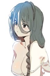 Rule 34 | 1girl, bare shoulders, black eyes, bow (bhp), braid, braided ponytail, breasts, cleavage, collarbone, copyright request, green hair, hair between eyes, hair over shoulder, large breasts, long hair, off shoulder, simple background, solo, upper body, white background
