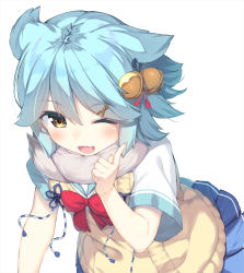 Rule 34 | 1girl, ;d, azur lane, bell, blue hair, blue skirt, blush, bow, brown eyes, commentary request, fang, flower knot, fubuki (5 minutes till i&#039;m late) (azur lane), fubuki (azur lane), fur collar, hair bell, hair between eyes, hair ornament, hairclip, highres, index finger raised, jingle bell, olive (laai), one eye closed, open mouth, pleated skirt, red bow, school uniform, shirt, short sleeves, skirt, smile, solo, sweater vest, white background, white shirt, x hair ornament