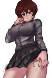 Rule 34 | 1girl, absurdres, akaboshi koume, bad id, bad pixiv id, black panties, black skirt, blue eyes, blush, bra, bra visible through clothes, breasts, breath, brown hair, closed mouth, commentary, cowboy shot, dress shirt, girls und panzer, grey shirt, hand on own face, hand on own thigh, highres, kuromorimine school uniform, lace, lace-trimmed bra, lace-trimmed panties, lace trim, large breasts, long sleeves, looking at viewer, miniskirt, one-hour drawing challenge, panties, pleated skirt, school uniform, see-through, shirt, short hair, side-tie panties, side-tie peek, simple background, skirt, smile, solo, standing, sweat, takefu jiin, thighs, twitter username, underwear, wavy hair, white background