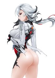 Rule 34 | 1girl, absurdres, arlecchino (genshin impact), ass, black eyes, black hair, bottomless, breasts, commentary request, cowboy shot, genshin impact, highres, jacket, jie tou deng shan ke, large breasts, long hair, long sleeves, looking at viewer, low ponytail, multicolored hair, solo, standing, streaked hair, thighs, white hair, white jacket