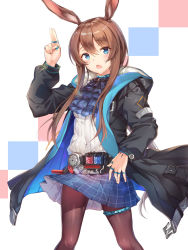 Rule 34 | 1girl, amiya (arknights), animal ears, anklet, arknights, ascot, black jacket, blue ascot, blue eyes, blue skirt, brown hair, brown pantyhose, choker, commentary request, covered navel, hand up, highres, hood, hood down, hooded jacket, jacket, jewelry, kamen rider, kamen rider build, kamen rider build (series), long hair, long sleeves, looking at viewer, miniskirt, open clothes, open jacket, open mouth, pantyhose, plaid, plaid skirt, pleated skirt, rabbit ears, ribbed shirt, rider-tan, shirt, skirt, solo, taro (ultrataro), white shirt