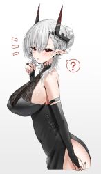 Rule 34 | 1girl, ?, alternate costume, alternate hairstyle, arknights, bare shoulders, black bridal gauntlets, black dress, black horns, blush, breasts, bridal gauntlets, commentary request, dress, earrings, from side, grey hair, hair bun, highres, horn/wood, horns, jewelry, large breasts, looking at viewer, mudrock (arknights), open mouth, parted bangs, pointy ears, red eyes, simple background, single hair bun, sleeveless, sleeveless dress, solo, spoken question mark, upper body, white background