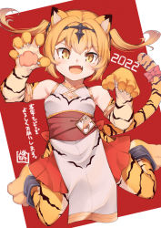 Rule 34 | 1girl, 2022, animal ears, ankle cuffs, armlet, blonde hair, bow, china dress, chinese clothes, chinese zodiac, claw pose, claws, dress, fang, female focus, gloves, hair intakes, highres, hip vent, jingai modoki, looking at viewer, new year, open mouth, orange hair, original, paw gloves, pawpads, paws, pink bow, sleeveless, sleeveless dress, slit pupils, solo, tail, tail bow, tail ornament, tiara, tiger ears, tiger girl, tiger tail, white dress, year of the tiger, yellow eyes