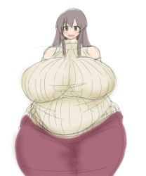 Rule 34 | 1girl, bad anatomy, bare shoulders, breasts, brown eyes, brown hair, fat, gigantic breasts, happy, highres, hip focus, long hair, open mouth, skirt, smile, solo, sweater, teeth, tensai427, tongue, wide hips