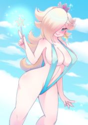 Rule 34 | 1girl, armpits, bad deviantart id, bad id, bare shoulders, blonde hair, blue eyes, breasts, cleavage, collarbone, crown, earrings, hair over one eye, jewelry, large breasts, long hair, mario (series), meltyvixen, navel, nintendo, one eye covered, rosalina, signature, simple background, slingshot swimsuit, smile, solo, sparkle, super mario galaxy, swimsuit, very long hair, wand