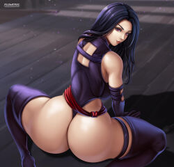 Rule 34 | 1girl, artist name, ass, ass focus, black hair, black leotard, breasts, curvy, detached sleeves, elbow gloves, energy sword, female focus, fingernails, flowerxl, full body, gloves, highleg, highleg leotard, huge ass, large breasts, leotard, long hair, looking at viewer, looking back, marvel, psylocke, purple eyes, red sash, revealing clothes, sash, shiny clothes, shiny skin, sitting, smile, solo, sword, thong, thong leotard, weapon, wide hips, x-men
