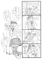 Rule 34 | 10s, 1boy, 1girl, 4koma, :d, anchor symbol, bbb (friskuser), black thighhighs, blush, cannon, closed eyes, comic, drum (container), flat cap, gloves, greyscale, gun, hat, heart, hibiki (kancolle), highres, kantai collection, kneeling, long hair, looking back, machinery, monochrome, open mouth, school uniform, serafuku, short hair, simple background, sitting, skirt, smile, smokestack, thighhighs, tools, translation request, turret, uncommon stimulation, v arms, weapon, wrench