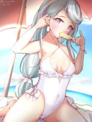 Rule 34 | 1girl, asymmetrical bangs, beach, breasts, casual one-piece swimsuit, covered navel, flower, food, grey hair, hair flower, hair ornament, hairband, highleg, highleg swimsuit, highres, kantai collection, long hair, low-tied long hair, no count 0000, one-piece swimsuit, popsicle, purple eyes, sagiri (kancolle), side-tie swimsuit, sitting, small breasts, solo, swept bangs, swimsuit, wariza, white one-piece swimsuit