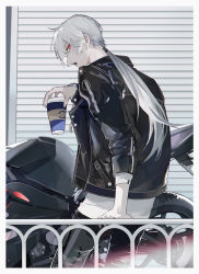 Rule 34 | 1boy, against railing, black jacket, black pants, coffee cup, cup, disposable cup, from behind, hand up, highres, holding, holding cup, jacket, leather, leather jacket, long hair, long sleeves, looking back, low ponytail, male focus, motor vehicle, motorcycle, open mouth, pants, railing, red eyes, shirt, silver hair, sleepless (wrysmile), solo, susanghan messenger, white shirt, zen (susanghan messenger), zipper