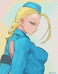 Rule 34 | 1girl, blonde hair, blue eyes, breasts, calad g, cammy white, covered erect nipples, hat, large breasts, long sleeves, street fighter, street fighter zero (series)