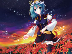 Rule 34 | 1girl, blue eyes, dutch angle, female focus, flower, green hair, hat, night, rod of remorse, shiki eiki, shiraha, short hair, sky, solo, sparkle, spider lily, star (sky), star (symbol), starry sky, thighhighs, touhou