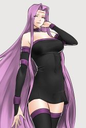 Rule 34 | 1girl, adjusting hair, breasts, choker, cowboy shot, detached sleeves, dress, facial mark, fate/stay night, fate (series), forehead mark, highres, hikichi sakuya, long hair, looking at viewer, medium breasts, medusa (fate), medusa (rider) (fate), purple eyes, purple hair, rectangular pupils, solo, strapless, strapless dress, thighhighs, very long hair