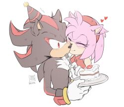 Rule 34 | 1boy, 1girl, 2022, aimy neko, amy rose, animal ears, animal nose, artist name, bare shoulders, body fur, bracelet, breasts, brown fur, brown headwear, buttons, cake, closed eyes, closed mouth, commentary, dress, english commentary, eyelashes, food, fork, furry, furry female, furry male, gloves, gold bracelet, hairband, hand up, hands up, hat, heart, hedgehog, hedgehog ears, hedgehog girl, hetero, holding, holding fork, holding plate, jewelry, kiss, kissing cheek, looking away, medium breasts, pink fur, plate, pom pom (clothes), red dress, red eyes, red fur, red hairband, red headwear, shadow the hedgehog, simple background, sleeveless, sleeveless dress, smile, sonic (series), standing, striped clothes, striped headwear, two-tone fur, white background, white gloves