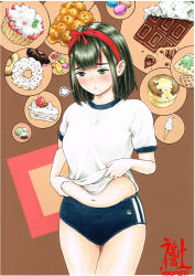 1girl, absurdres, bangs, black hair, blush, brown background, buruma, butte, cake, cake slice, candy, chocolate, chocolate bar, cupcake, doughnut, food, food request, frown, fruit, gym uniform, hairband, heterochromia, highres, kitatomisha hq, lifted by self, lollipop, macaron, medium hair, mole, mole under mouth, muffin top, navel, original, pancake, pinching, red hairband, simple background, solo, standing, strawberry, traditional media, waffle, weight conscious, white hair, wrapped candy