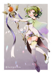 Rule 34 | 1girl, :d, absurdres, bare shoulders, boots, child, dress, fire emblem, fire emblem: the sacred stones, full body, green eyes, green hair, highres, holding, holding staff, hyogamazikichi, l&#039;arachel (fire emblem), looking at viewer, nintendo, open mouth, sleeveless, sleeveless dress, smile, solo, staff, thigh boots, thighhighs, twitter username, veil, white dress, white footwear