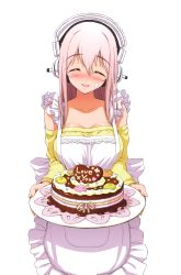 Rule 34 | 1girl, ^ ^, absurdres, apron, blush, breasts, cake, chocolate, closed eyes, cream, food, food on face, frills, headphones, heart, highres, large breasts, long hair, macaron, nitroplus, open mouth, pink hair, simple background, smile, solo, super sonico, tsuji santa, white background