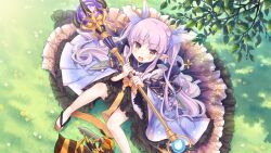 Rule 34 | 1girl, branch, day, grass, holding, holding wand, kyoka (princess connect!), long hair, looking at viewer, looking up, official art, princess connect!, sitting, twintails, wand