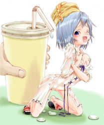 Rule 34 | biscuit (bread), bisuke-tan, blue bow, blue eyes, blue hair, bow, cleft of venus, cup, dress, kfc, sandals, see-through, white dress