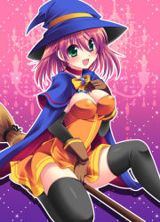 Rule 34 | 1girl, alice wishheart, aqua eyes, argyle, argyle background, argyle clothes, black thighhighs, blush, bow, broom, cape, choker, earrings, gloves, gradient background, green eyes, hat, jewelry, magical halloween, orange skirt, pink background, purple background, red hair, sitting, skirt, solo, star (symbol), star earrings, thighhighs, tokinon, witch, witch hat, yellow bow