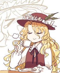 Rule 34 | 1girl, black ribbon, blonde hair, brown headwear, brown vest, closed mouth, collared shirt, commentary request, cup, closed eyes, frilled hat, frills, hat, hat feather, jacket girl (dipp), long hair, long sleeves, mug, owannu, ribbon, shirt, simple background, touhou, upper body, vest, wavy hair, white background, white shirt