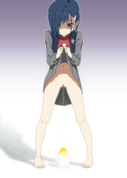 Rule 34 | 1girl, blue hair, censored, clothes lift, darling in the franxx, food, green eyes, highres, ichigo (darling in the franxx), lifted by self, looking down, no panties, ogyadya, peeing, pussy, shaved ice, skirt, skirt lift, solo, standing, white background