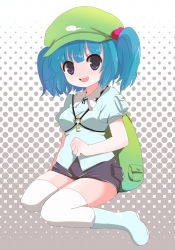 Rule 34 | 1girl, backpack, bad id, bad pixiv id, bag, blue eyes, blue hair, boots, female focus, hair bobbles, hair ornament, halftone, halftone background, hat, ica, kawashiro nitori, key, matching hair/eyes, randoseru, rubber boots, short hair, shorts, sitting, solo, thighhighs, touhou, twintails, two side up, wariza, white thighhighs