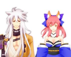 Rule 34 | 10s, 1boy, 1girl, animal ears, bare shoulders, blush, bow, breasts, cleavage, detached collar, detached sleeves, fate/extra, fate (series), fox ears, hair bow, hair flaps, hair ribbon, japanese clothes, kogitsunemaru, long hair, looking at another, pink hair, red bow, red eyes, ribbon, sash, sidelocks, silver hair, simple background, tamamo no mae (fate/extra), touken ranbu, twintails, underbust, upper body, very long hair, white background, yellow eyes