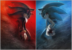 Rule 34 | bad id, bad pixiv id, blood, blue background, epic, furry, furry male, gloves, highres, male focus, mri, opposing sides, red background, shadow the hedgehog, sonic (series), sonic (series), sonic the hedgehog