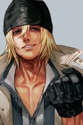 Rule 34 | 1boy, beanie, black gloves, blonde hair, blue eyes, clenched hands, coat, facial hair, final fantasy, final fantasy xiii, gloves, grey background, grey shirt, hair between eyes, hat, hungry clicker, looking at viewer, male focus, manly, open clothes, open shirt, parted lips, shirt, simple background, smile, snow villiers, solo, square enix, striped clothes, striped shirt, stubble, upper body