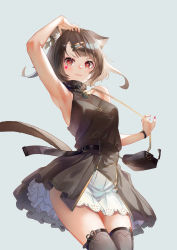 Rule 34 | 1girl, :3, animal ear fluff, animal ears, arm up, bag, bare arms, bare shoulders, bell, black collar, blush, breasts, brown dress, brown hair, brown thighhighs, cat ears, cat girl, cat tail, closed mouth, collar, commentary request, dress, fang, fang out, fingernails, grey background, hair ornament, hairclip, handbag, heart, highres, jingle bell, nail polish, original, red eyes, red nails, saraki, shoulder bag, simple background, sleeveless, sleeveless dress, small breasts, solo, tail, thighhighs