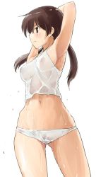 Rule 34 | 1girl, armpits, arms behind head, arms up, breasts, brown eyes, brown hair, covered erect nipples, gertrud barkhorn, long hair, medium breasts, mozu (peth), navel, nipples, panties, see-through, short hair, sideboob, solo, strike witches, sweat, tank top, twintails, underwear, wet, wet clothes, wet panties, world witches series